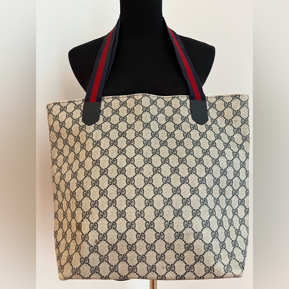 Gucci Beige Monogram Canvas Tote with Blue and Red Straps